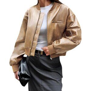 Women Light Khaki Faux Leather Cropped Bomber Jacket Baseball Collar Zip Up